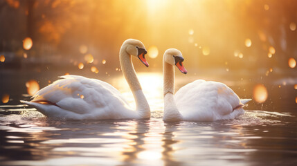 swans swimming on background - obrazy, fototapety, plakaty