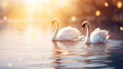 swans swimming on background - obrazy, fototapety, plakaty