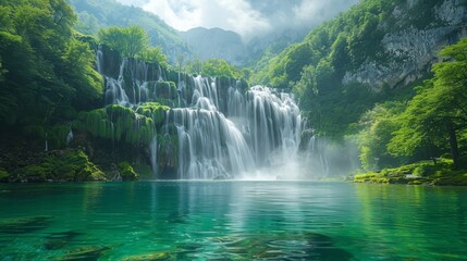 Fototapeta premium Waterfalls: Photograph cascading waterfalls in lush green surroundings. 