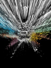3D exploding multi-coloured striped pattern motion blur on a black background