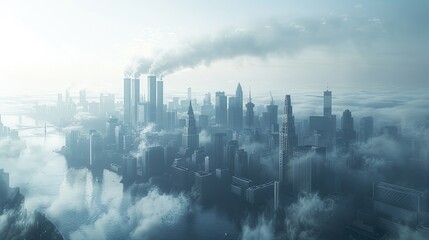 Immersive View of a Polluted City Urban Buildings Shrouded in Fog, Depicting the Environmental Challenges and Urban Landscape Transformation
