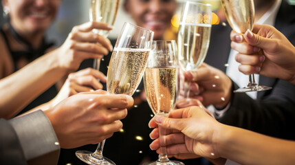 A cheerful group of people toasting with champagne glasses at an upscale party.