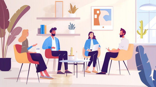 Job interview taking place in a stylish startup environment with relaxed seating arrangement.