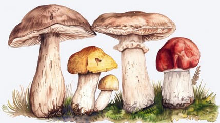 Mushrooms, Some varieties are rich in vitamin D, super food conception, watercolor illustration