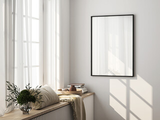 Frame mockup, ISO A paper size. Living room wall poster mockup. Interior mockup with house background. Modern interior design. 3D render
- 777317515