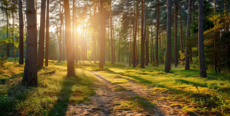  forest at sunset with tall trees and sunlight filtering through the leaves, creating long shadows on the ground in front of it is an old dirt path leading into the distance