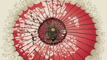 Top-Down View of Elegant Japanese Parasol Sakura Tree Pattern Adorning Red Canopy, Bamboo Ribs Wrapped in Paper