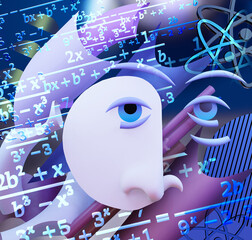 Robot android face portrait on background with algebra formulas - 777317735