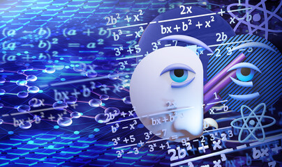 Robot android face portrait on background with algebra formulas - 777317770