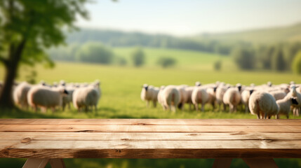 A wooden tabletop foregrounds a softly focused pastoral scene with a flock of sheep grazing in a...