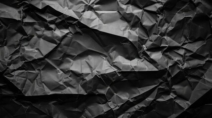 Edgy crumpled black paper texture close-up. Artistic play of light and shadow on crumpled surface.