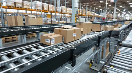 High Tech Logistics Center Performance Photography of Automated Conveyor Belt Preparing Retail Parcels for Shipping Generative ai