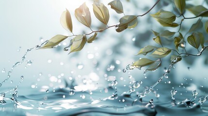 Dynamic splash of water on leaves with reflective droplets. Lively and refreshing scene with light on wet foliage.