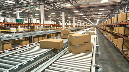 High Tech Logistics Center Automated Conveyor Belt System in Action Preparing Online Shopping Orders for Ecommerce Companies Generative ai