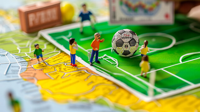 Tiny tourists taking photos beside a doodled illustration of a football match in Brazil on a paper map as if they are attending a game during the FIFA World Cup.