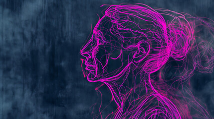 Contemporary digital artwork depicting an elder woman's profile outlined in neon pink on a dark grey canvas.