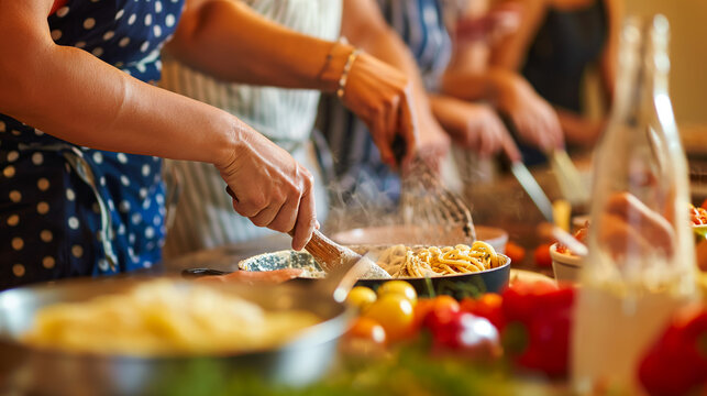 A group of friends enjoying a cooking class together preparing an Italian pasta dish.