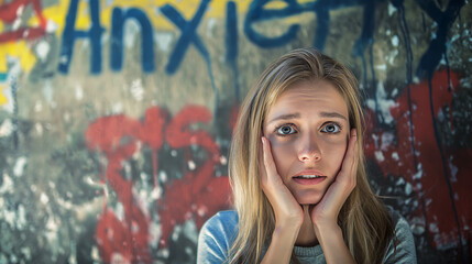 Anxiety written on urban wall behind anxious woman