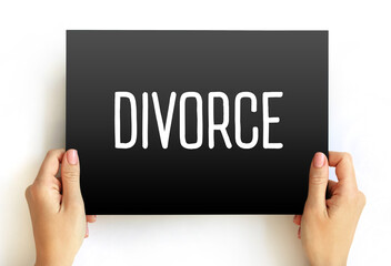 Divorce - canceling or reorganizing of the legal duties and responsibilities of marriage, text concept on card - obrazy, fototapety, plakaty