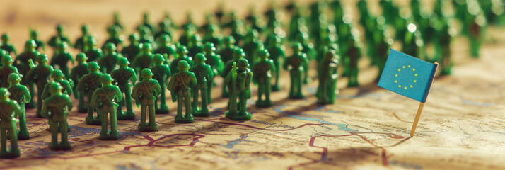 Plastic soldiers on tactical map defending Europe's borders.