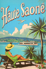 Retro poster depicts a woman lounging on a deckchair, with a boat traversing the Saône river in the background.