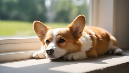 A corgi dog lies by the window and the soft sunlight falls on it
