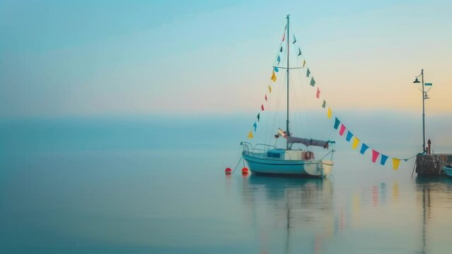 A serene image of a boat docked in a calm bay its nautical flags and pennants gently swaying in the gentle ocean breeze. The peace and tranquility of being away from the hustle