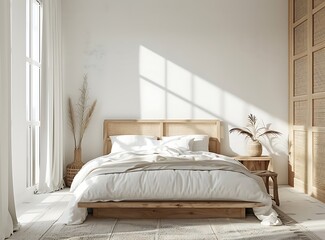 Fototapeta na wymiar minimalist bedroom, white walls with wood square accents, window on the left side of room, 