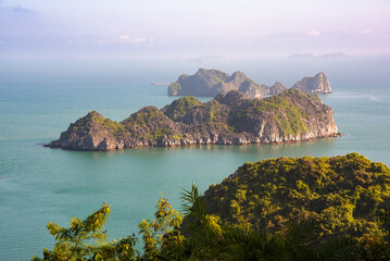 Sea landscape in Vietnam with many green islands. View from above