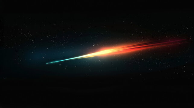 Minimalist dark sky with a single, brightly colored comet streaking across
