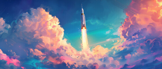 Retro-futuristic rocket launch, pastel smoke clouds, impressionistic