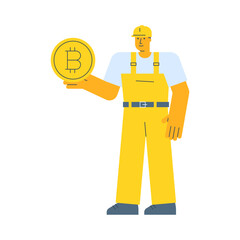 Builder holding coin with bitcoin sign and smiling