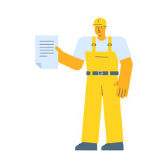 Builder holding document and smiling