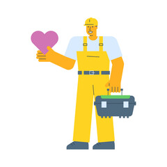 Builder holding heart and holding suitcase
