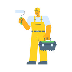 Builder holding paint roller and holding suitcase