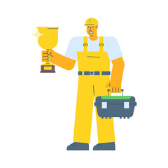 Builder holding golden cup and holding suitcase