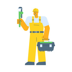 Builder holding pipe wrench and holding suitcase