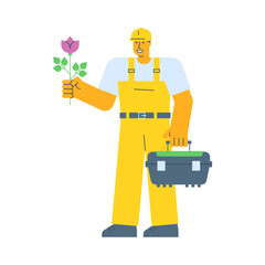 Builder holding flower and holding suitcase