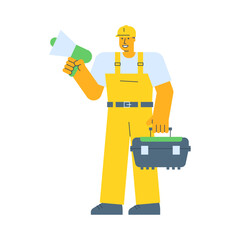 Builder holding megaphone and holding suitcase