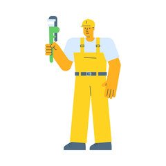 Builder holding pipe wrench and smiling