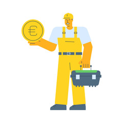 Builder holding coin with euro sign and holding suitcase