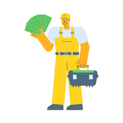 Builder holding five bills and holding suitcase