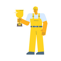 Builder holding golden cup and smiling
