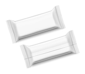 Realistic flow packaging mockups for bars, candies, waffles. Front and rear side. Vector illustration on white background. Easy to use for presentation your product, idea, design. EPS10.