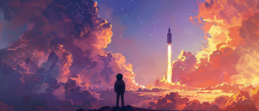 The lone figure of a child watching a distant rocket launch, the sky above filled with the colors of the exhaust flames and smoke, capturing a moment of wonder and inspiration