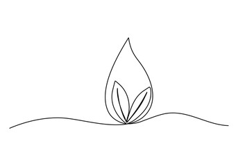 Drop of water with a sprout inside it. One line drawing vector illustration.