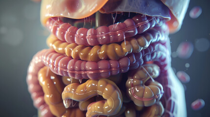 3D illustration of the human digestive system, from the esophagus to the intestines - obrazy, fototapety, plakaty