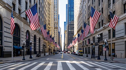 Patriotic Avenue with American Flags - obrazy, fototapety, plakaty