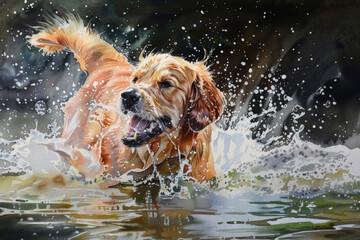 A painting depicting a dog joyfully swimming in the water