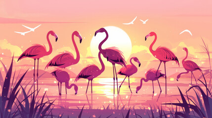 A flock of flamingos at a lake, paper cut style, detailed shadows under soft sunset light,